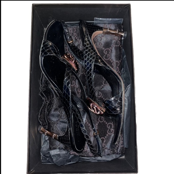 GUCCI sandals Tom Ford snakehead 7 python slingback heels leather black gold box - Picture 12 of 13